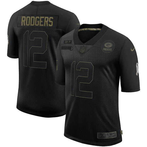 Men's Green Bay Packers #12 Aaron Rodgers Black 2020 Salute To Service Limited Stitched Jersey